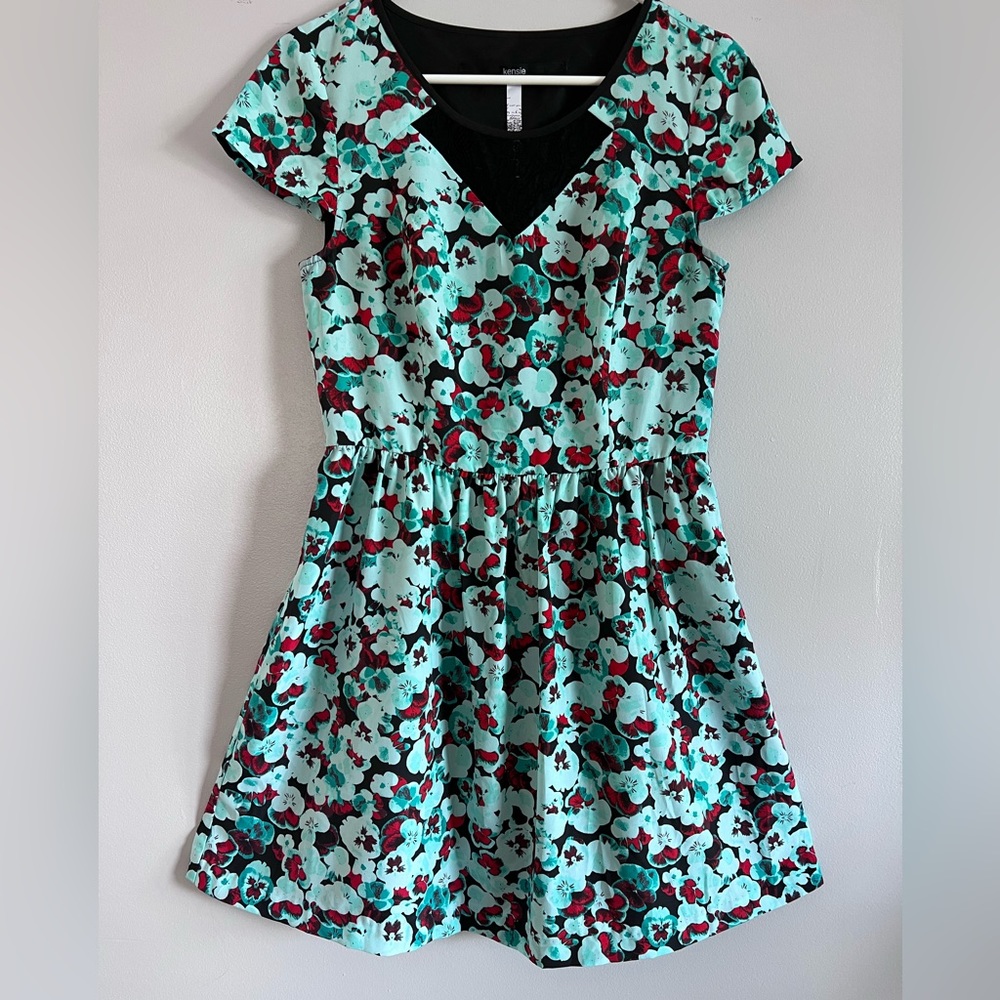 Kensie Pansies Lace Inset Floral Print Dress